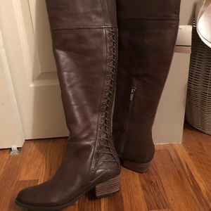 Over the knee brown leather boots, lace up back
